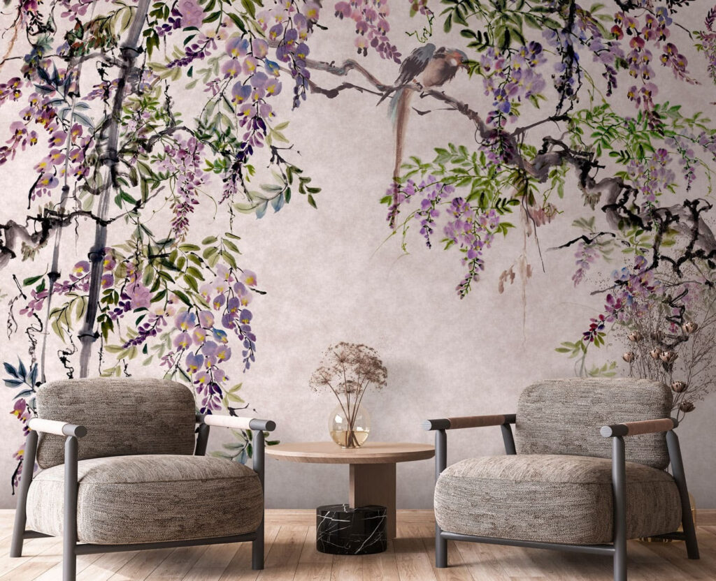 Painting of a tree with purple flowers