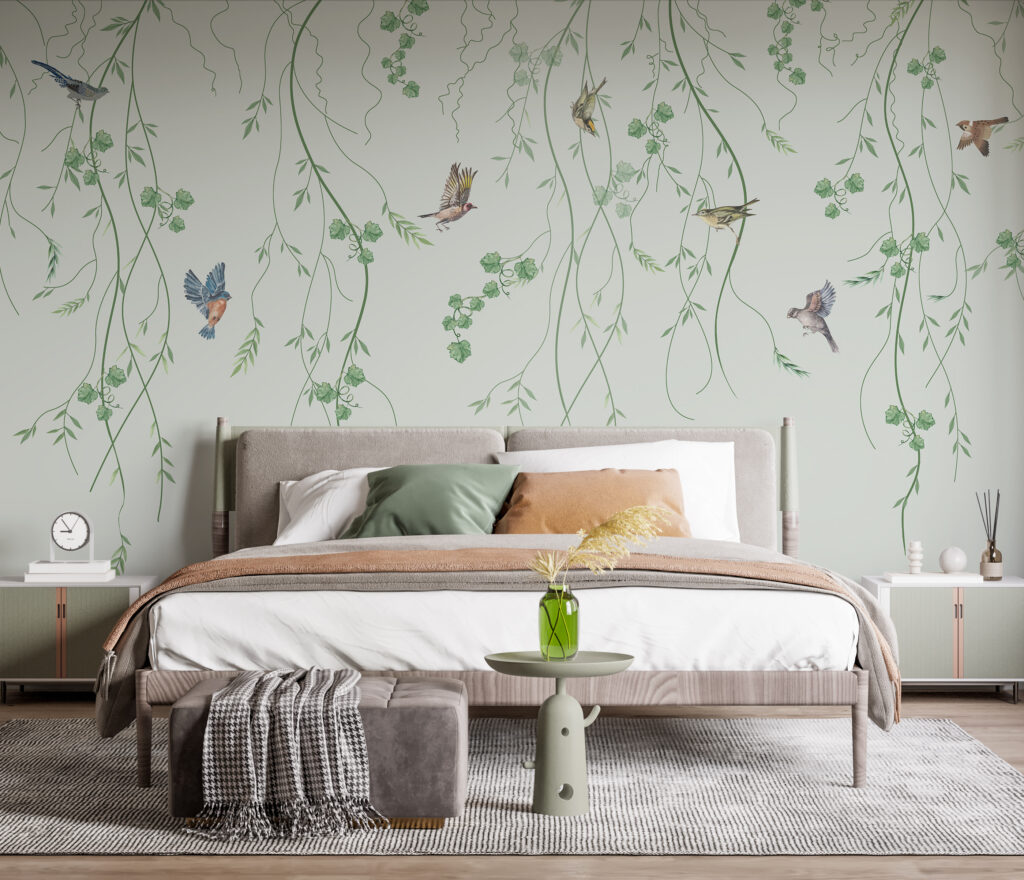 Wallpaper with birds and vines