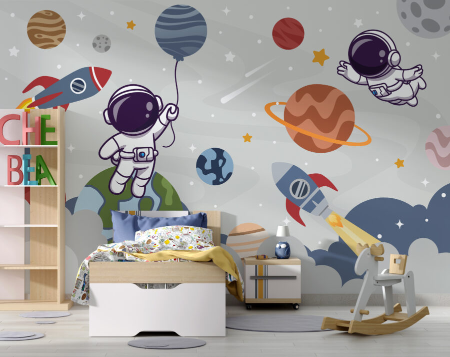 Desen animat astronaut în spațiu cu planete și rachetă zboară pe cer