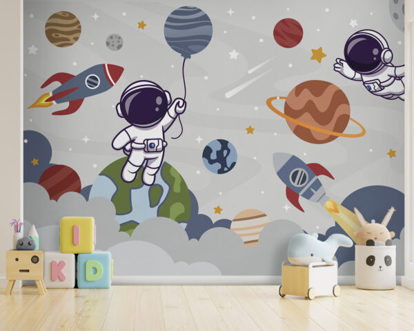 Desen animat astronaut în spațiu cu planete și rachetă zboară pe cer Desen animat astronaut în spațiu cu planete și rachetă zboară pe cer