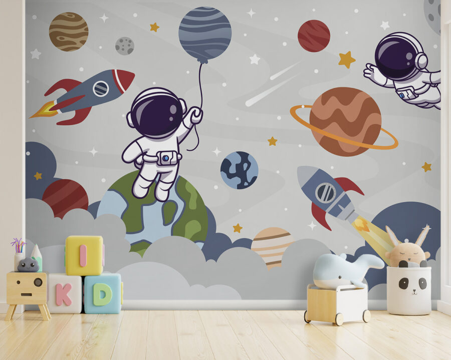 Desen animat astronaut în spațiu cu planete și rachetă zboară pe cer