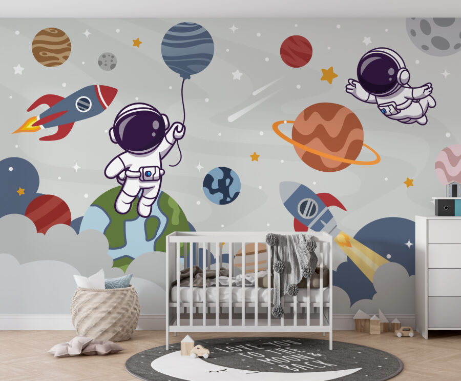 Desen animat astronaut în spațiu cu planete și rachetă zboară pe cer