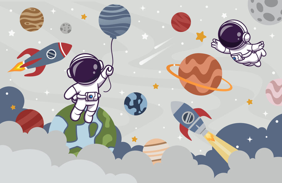 Desen animat astronaut în spațiu cu planete și rachetă zboară pe cer