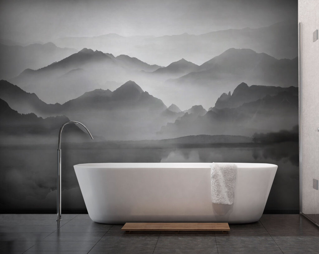 Mountain range with fog and water