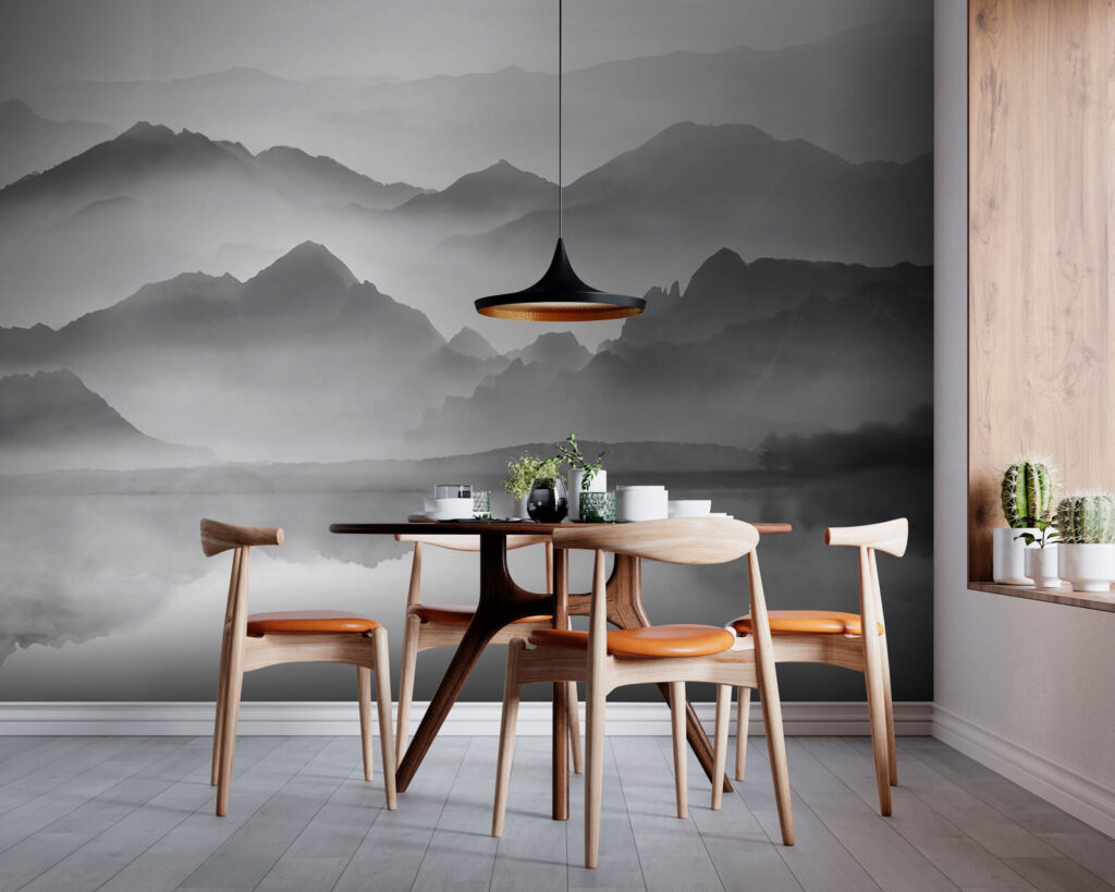 Mountain range with fog and water