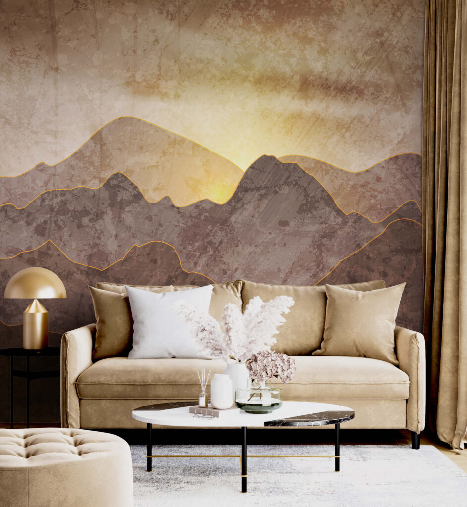 Painting of mountains and sun