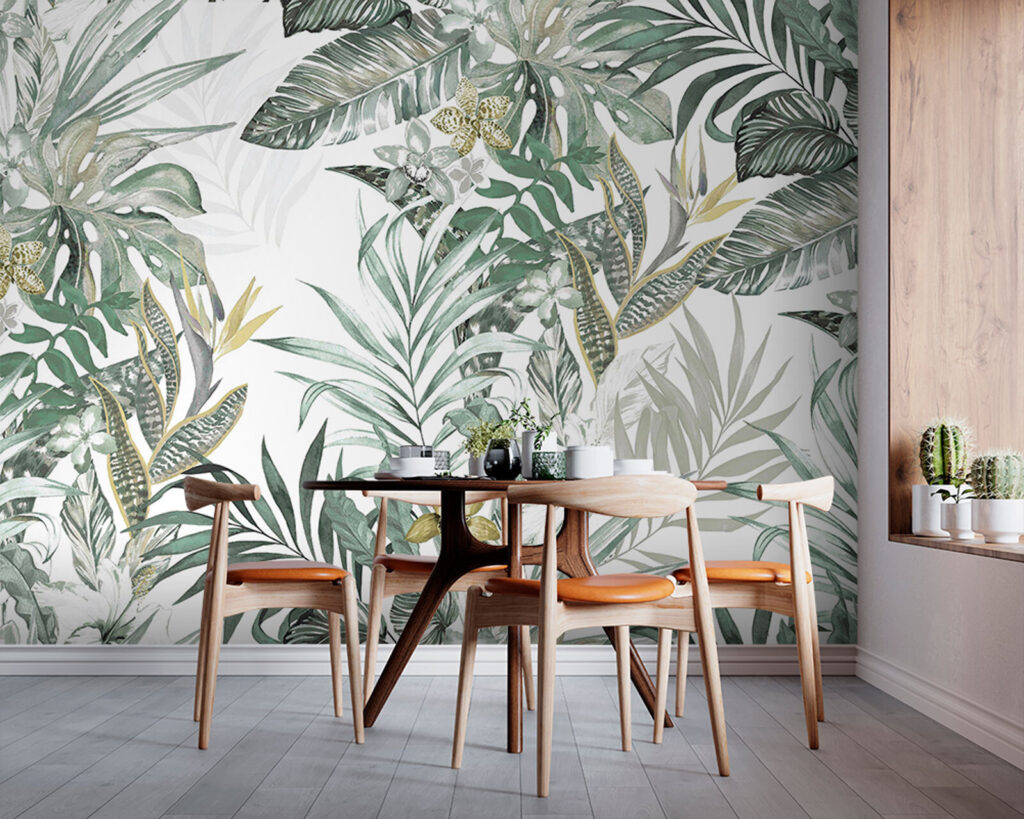 Wallpaper with leaves and flowers