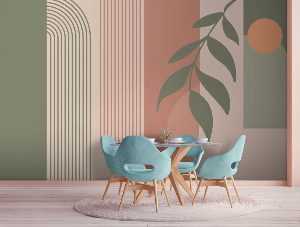 Green and pink lines and a leaf