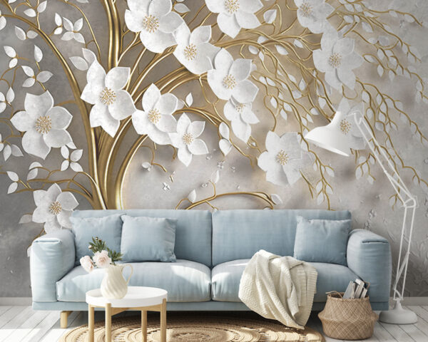 Tree with white flowers and leaves