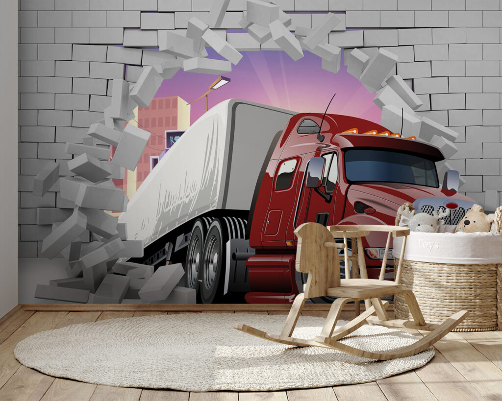 Truck breaking through a brick wall