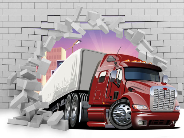 Camion care trece printr-un zid de cărămidă Camion care trece printr-un zid de cărămidă