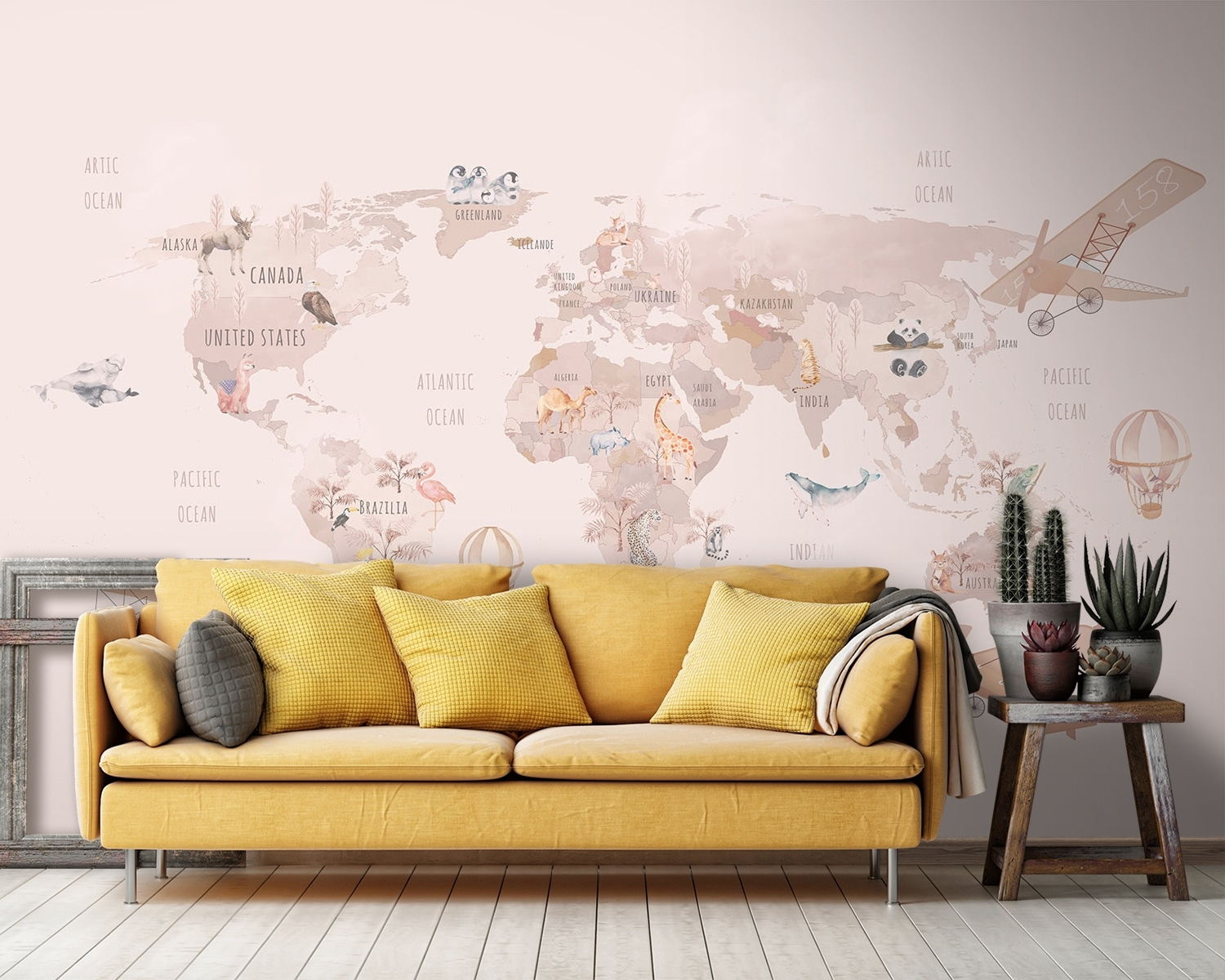 Map of the world with airplanes and polar bears