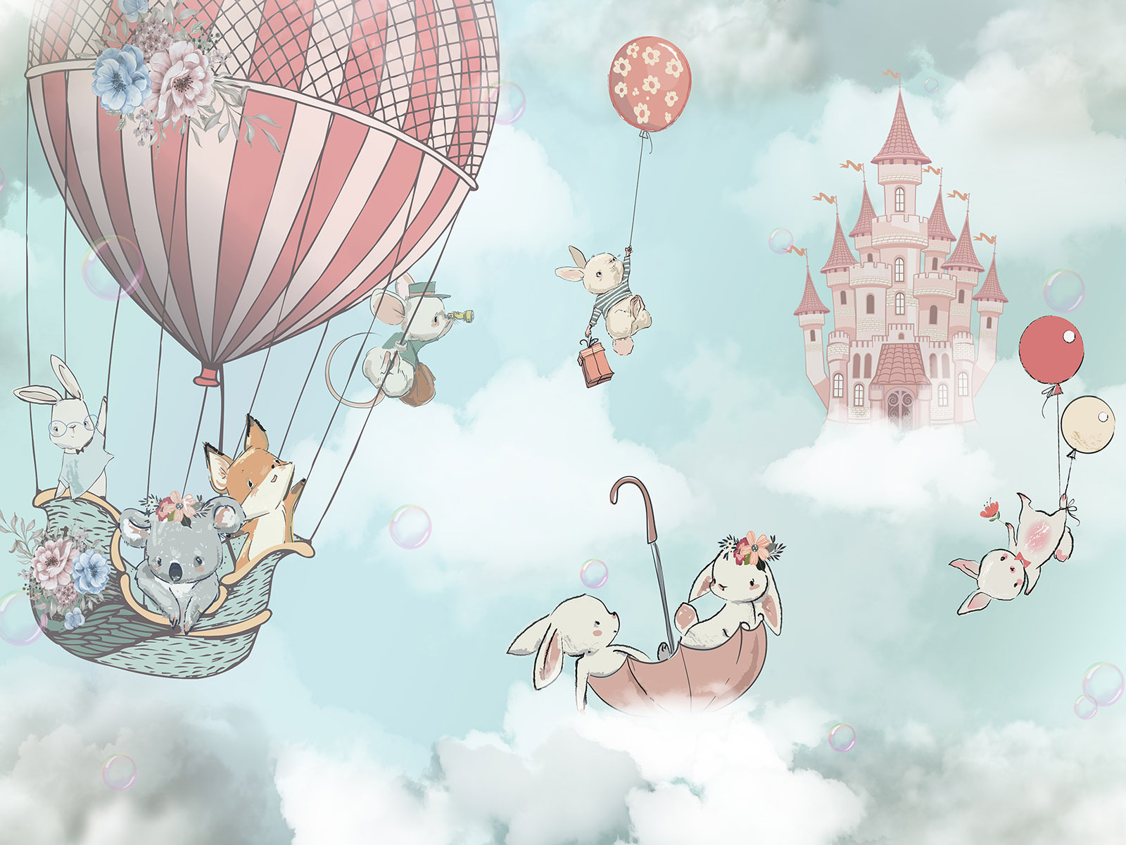 Cartoon of animals in a hot air balloon