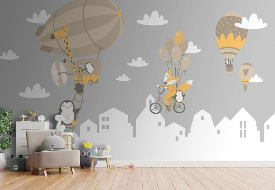 Animale de desene animate de echitatie o bicicletă și un balon