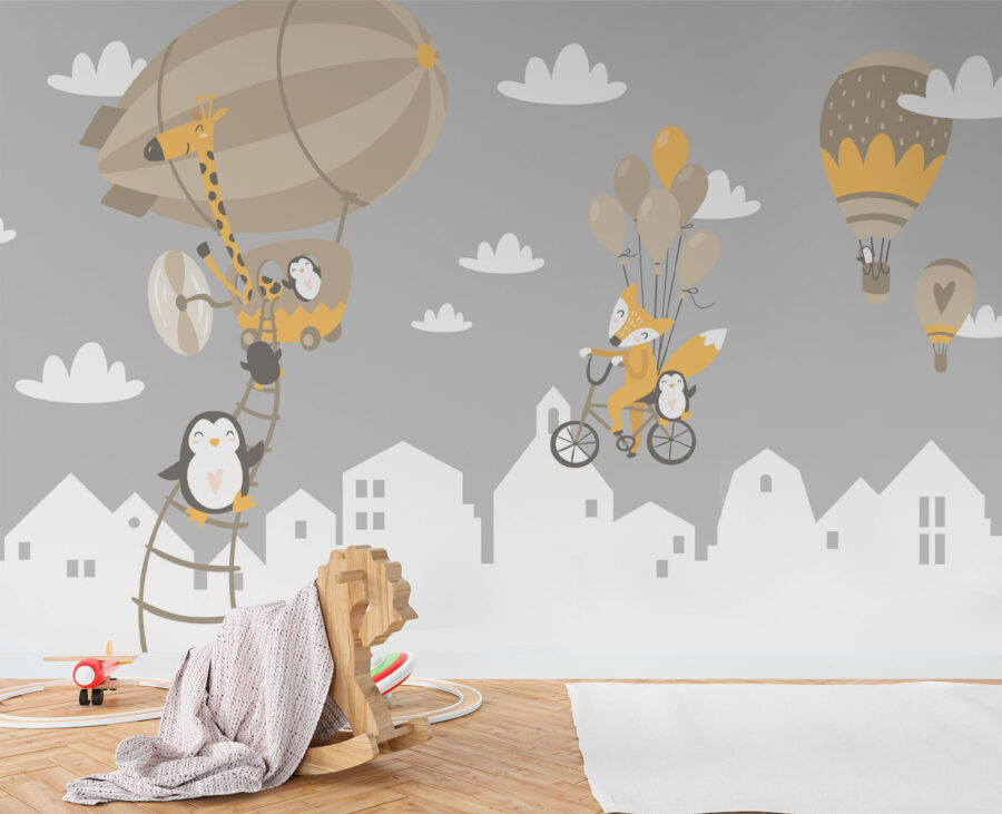 Animale de desene animate de echitatie o bicicletă și un balon