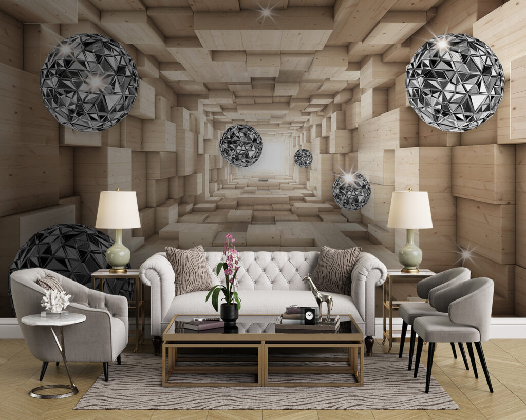 Room with wood and silver balls