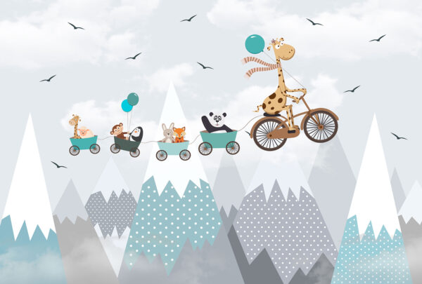 Girafa care călătorește o bicicletă cu un tren și animale Girafa care călătorește o bicicletă cu un tren și animale