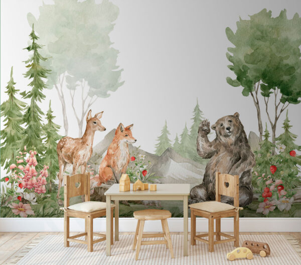 Pictură în acuarelă de animale în pădure Pictură în acuarelă de animale în pădure