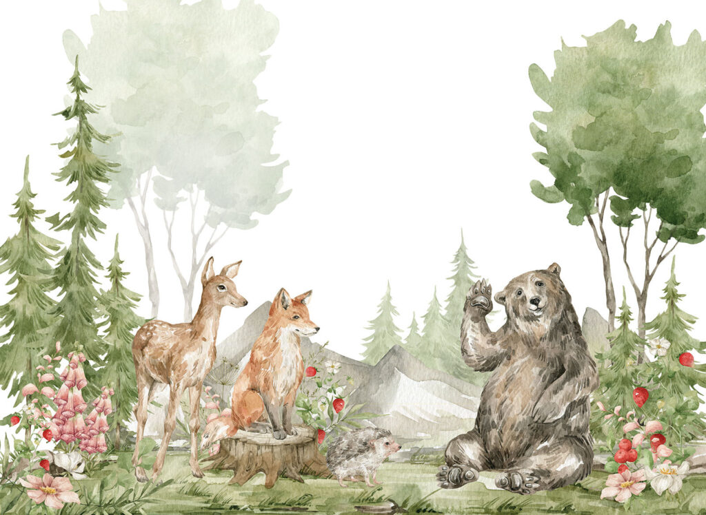 Pictură în acuarelă de animale în pădure Pictură în acuarelă de animale în pădure