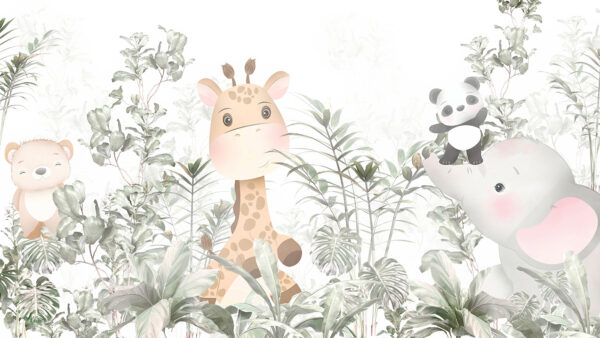 Girafă și panda într-o pădure Girafă și panda într-o pădure
