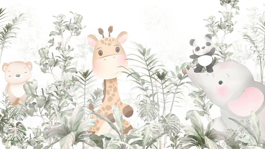 Girafă și panda într-o pădure