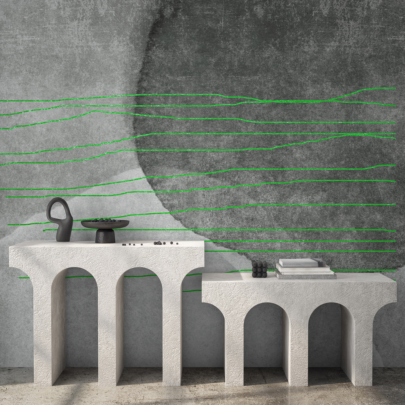 A grey and white background with green lines
