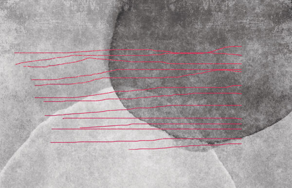 A black and white painting with red lines