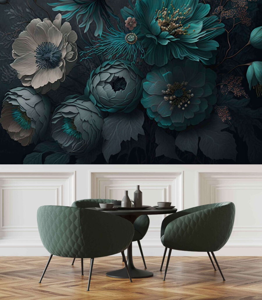 Aranjament floral elegant în tonuri reci.