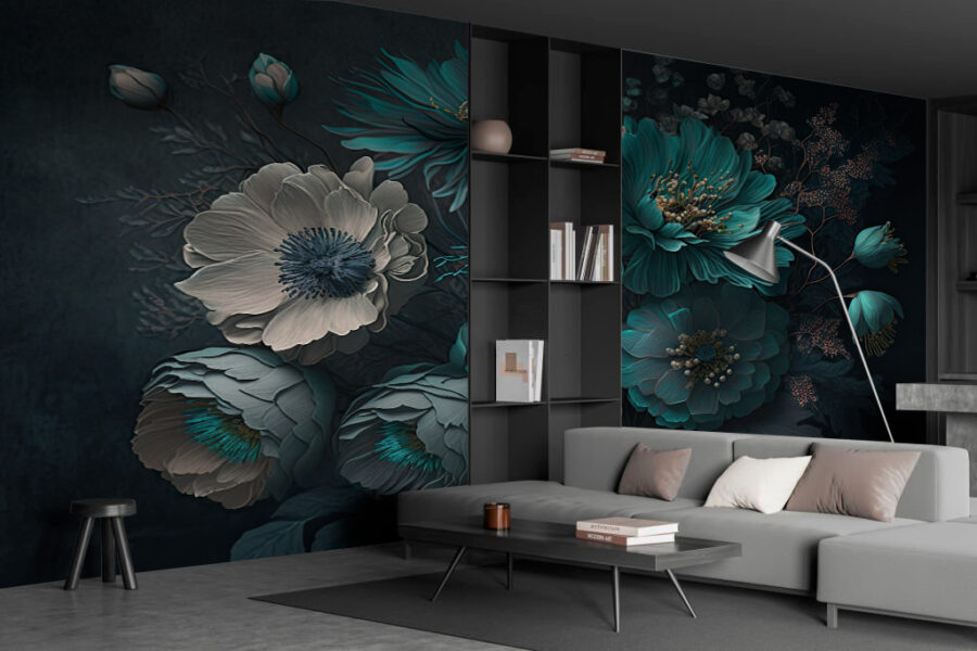 Aranjament floral elegant în tonuri reci.