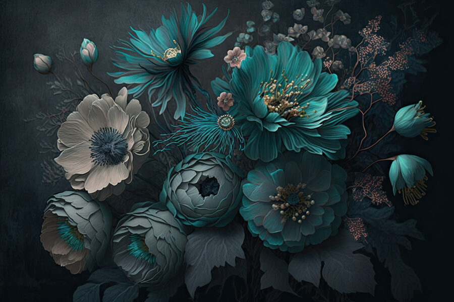 Aranjament floral elegant în tonuri reci.