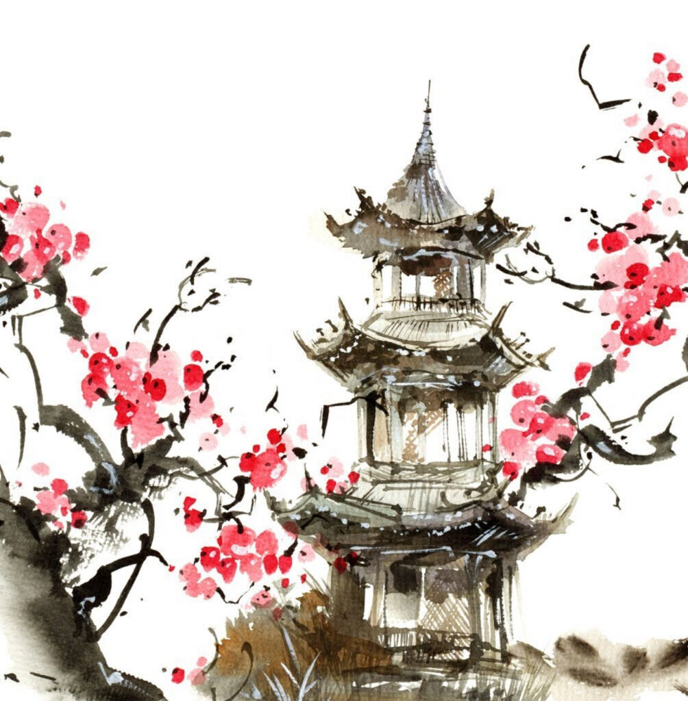 Pictură de o pagoda și flori de cireș Pictură de o pagoda și flori de cireș