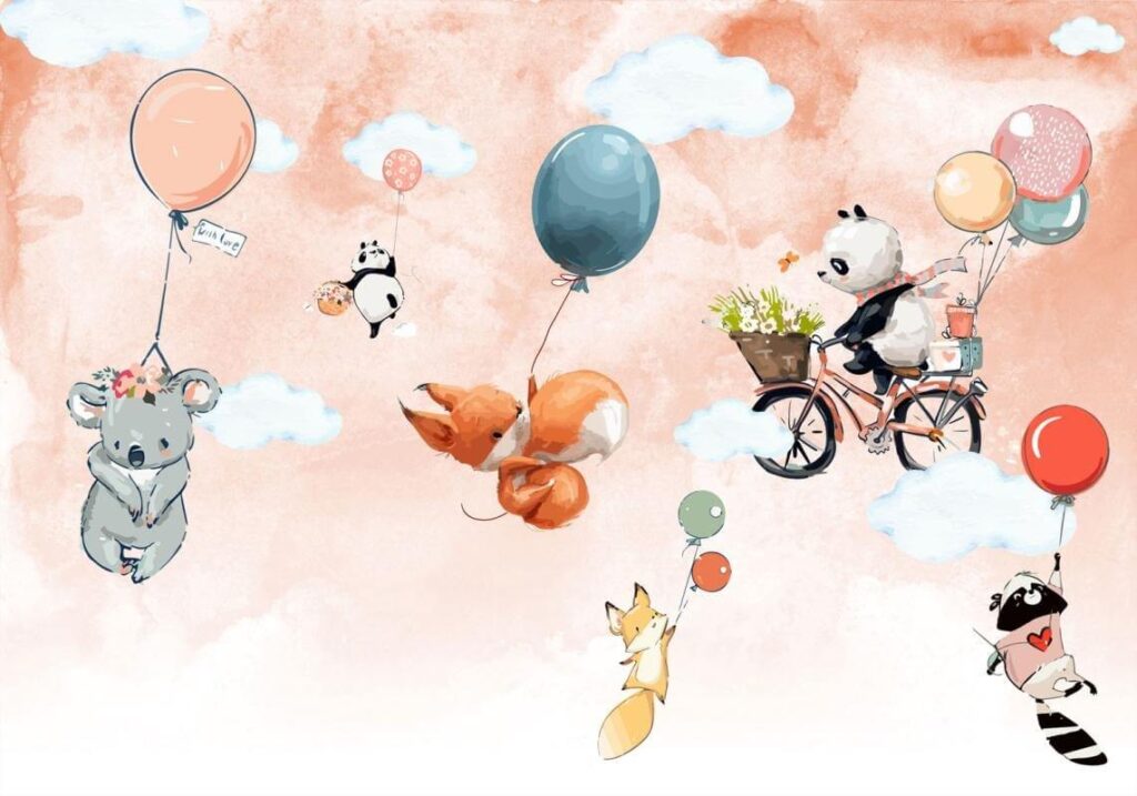 Animale de desene animate care zboară cu baloane Animale de desene animate care zboară cu baloane