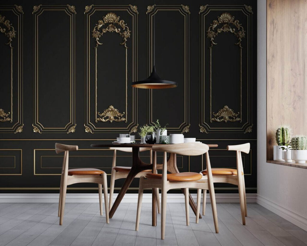 Elegant black panels with ornate accents Elegant black panels with ornate accents