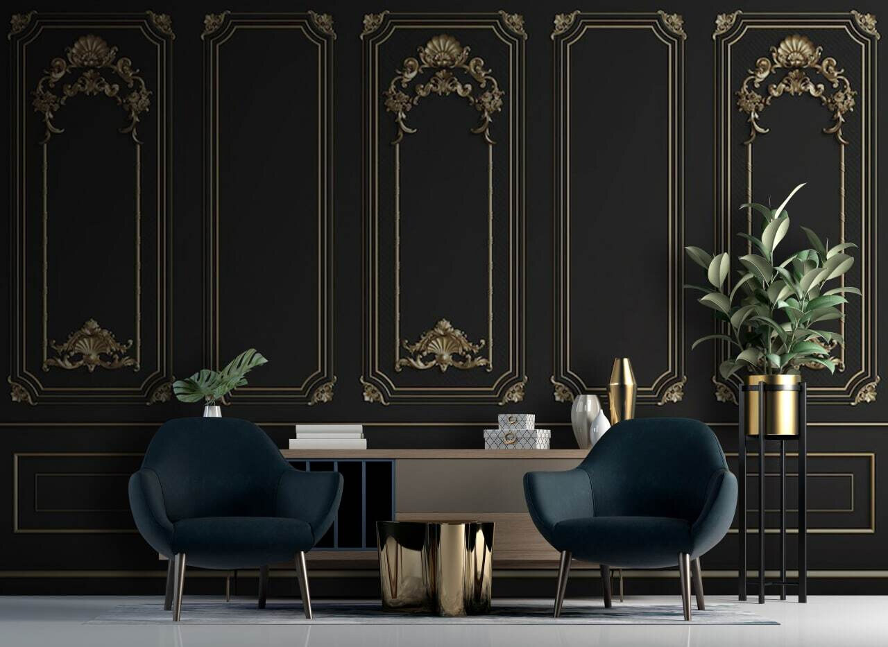 Elegant black panels with ornate accents Elegant black panels with ornate accents