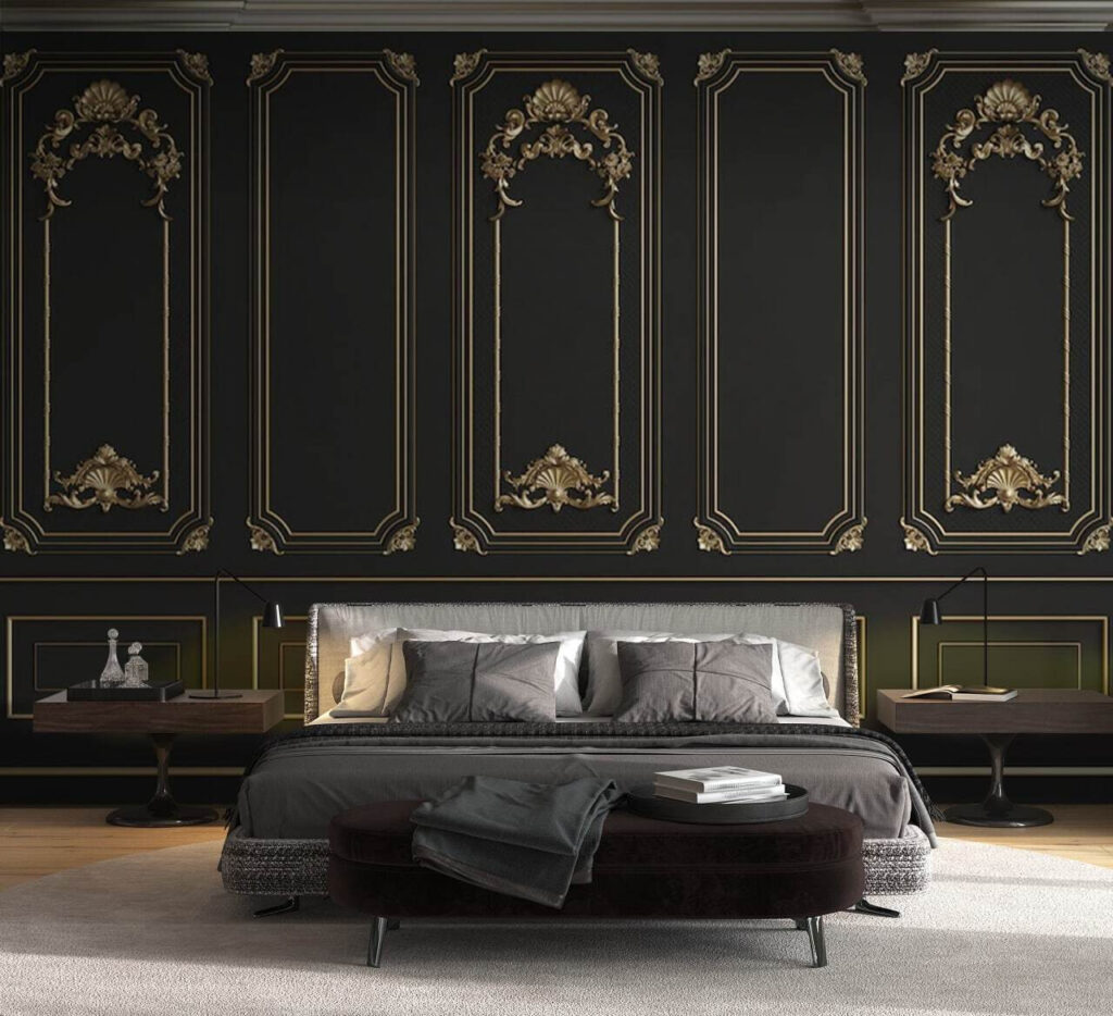 Elegant black panels with ornate accents Elegant black panels with ornate accents