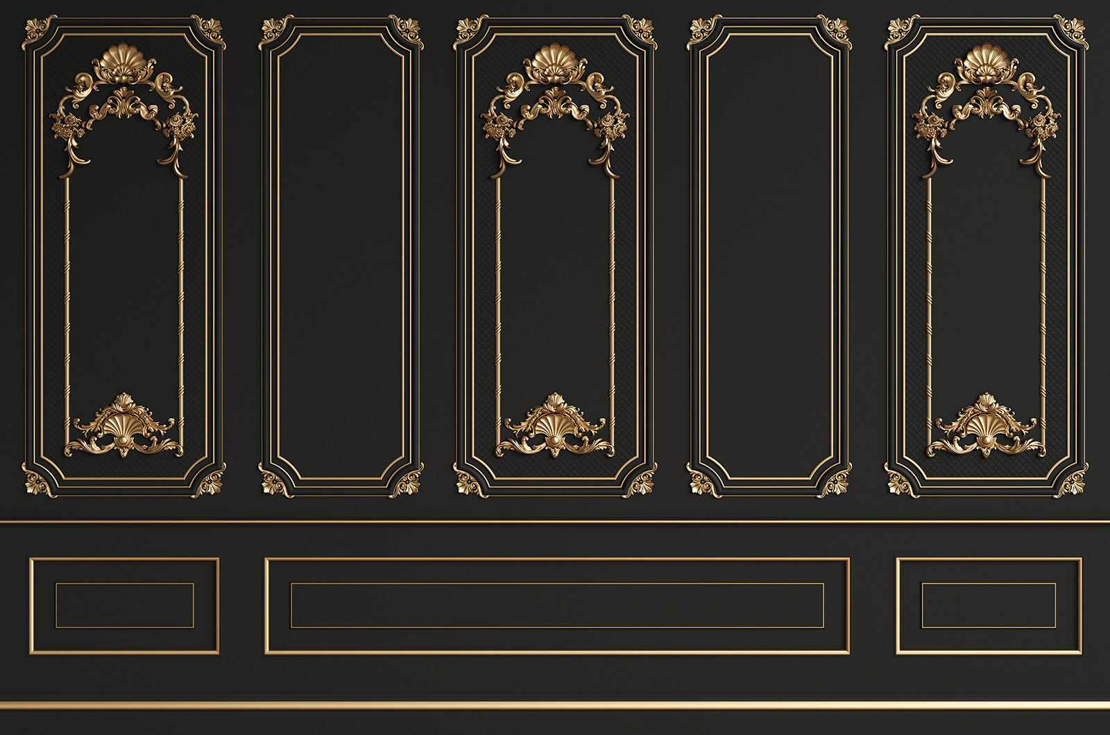 Elegant black panels with ornate accents Elegant black panels with ornate accents