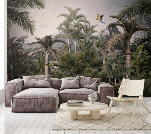 Pădure tropicală cu palmieri și o pasăre care zboară Pădure tropicală cu palmieri și o pasăre care zboară