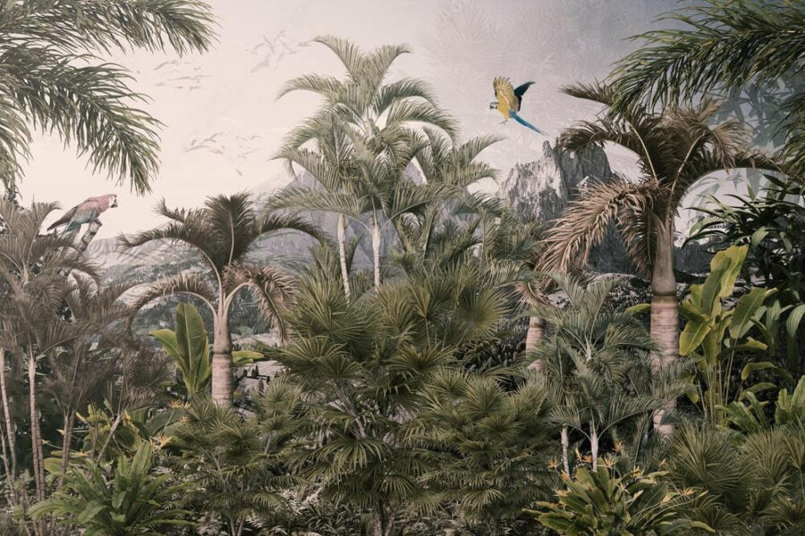 Pădure tropicală cu palmieri și o pasăre care zboară