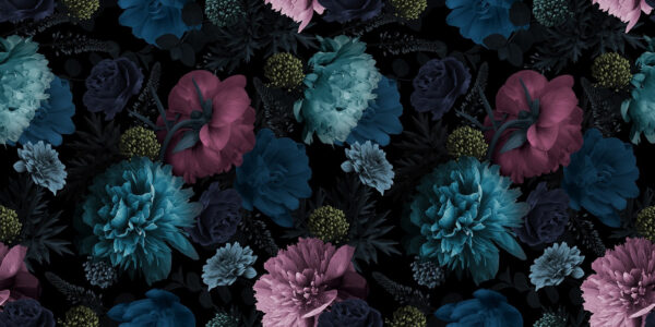 Model floral vibrant pe fundal negru. Model floral vibrant pe fundal negru.
