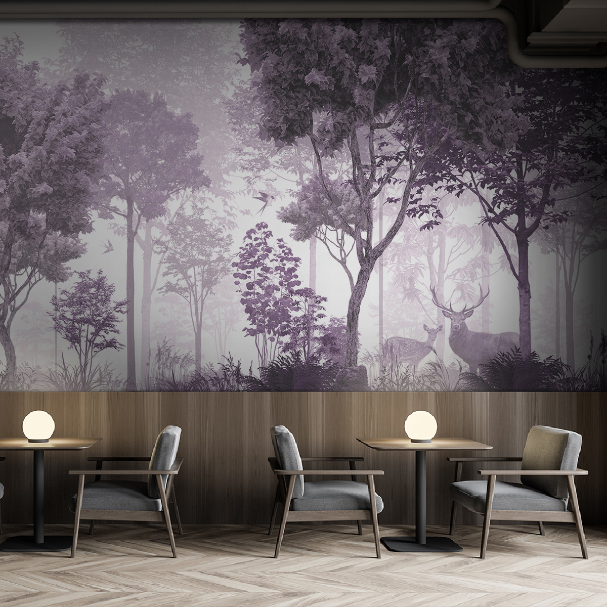 A purple and white image of trees and plants