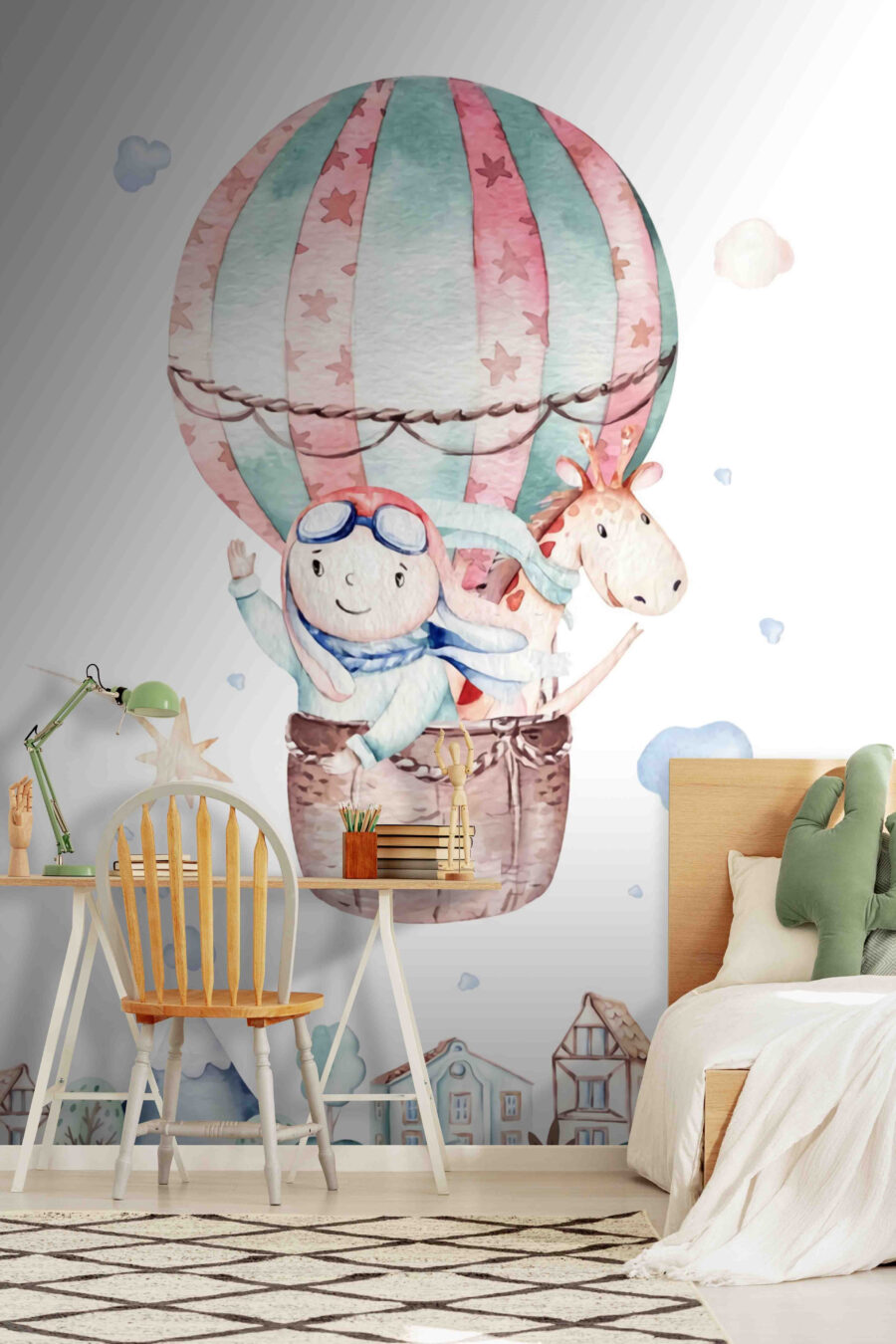 Ilustrație acuarelă a unei persoane într-un balon cu aer cald