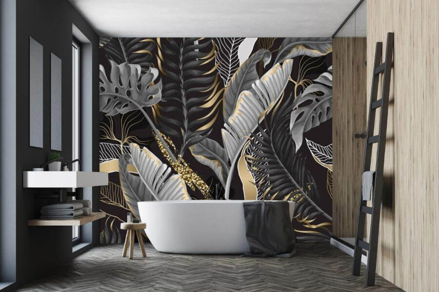 Frunziș tropical luxuriant cu accente strălucitoare.