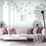 Fototapet Fata de echitatie o bicicletă într-o cameră cu păpădii