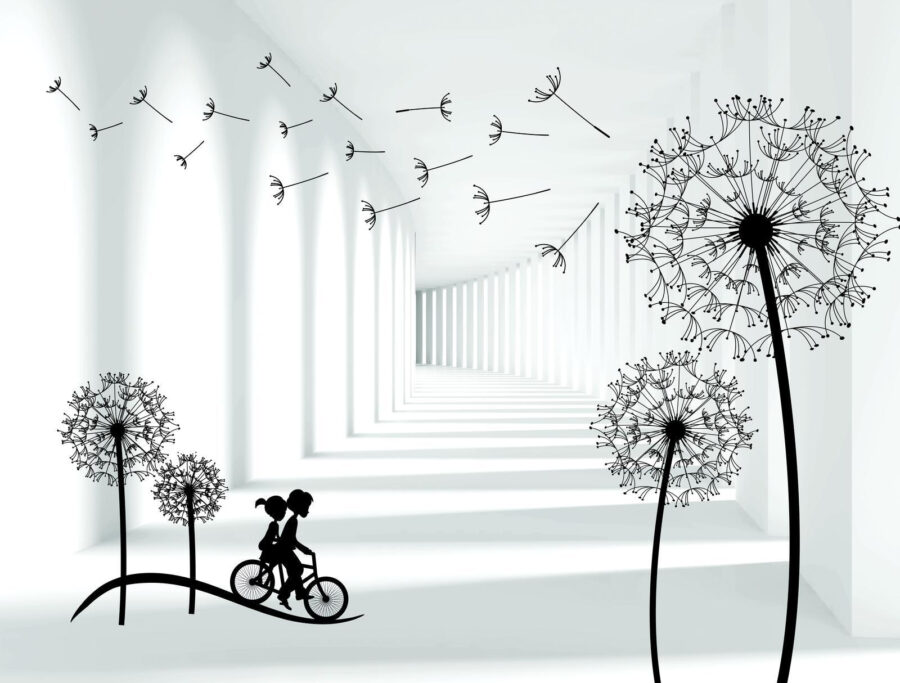 Fata de echitatie o bicicletă într-o cameră cu păpădii