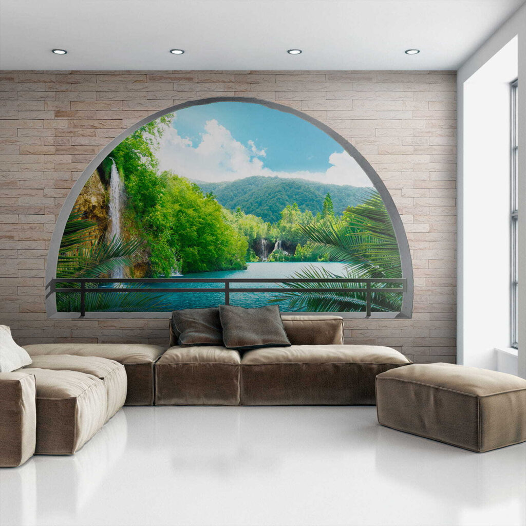 Window with a waterfall and trees