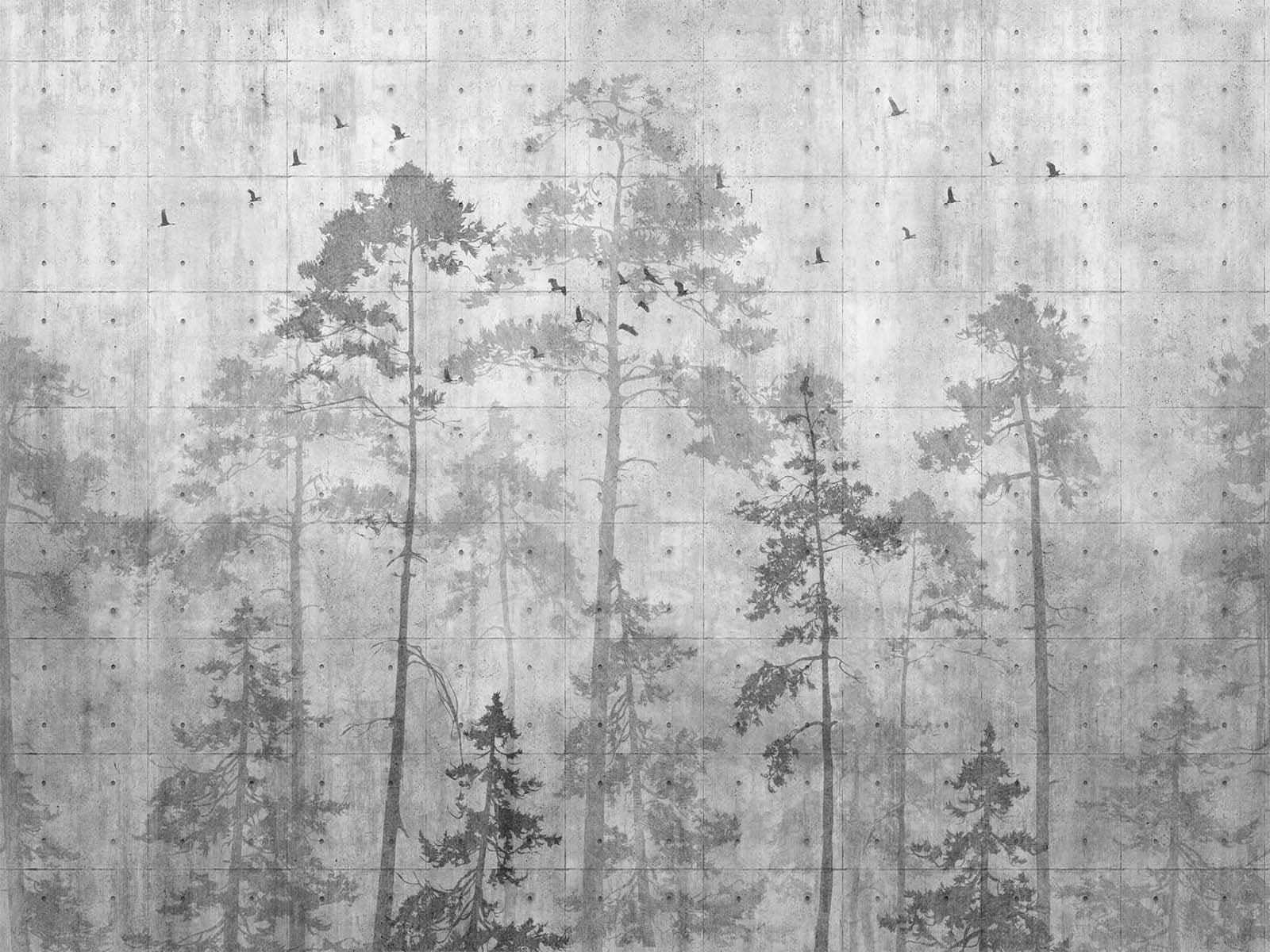Grey wall with trees and birds