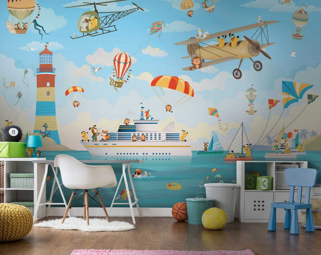 Cartoon animals flying over a boat