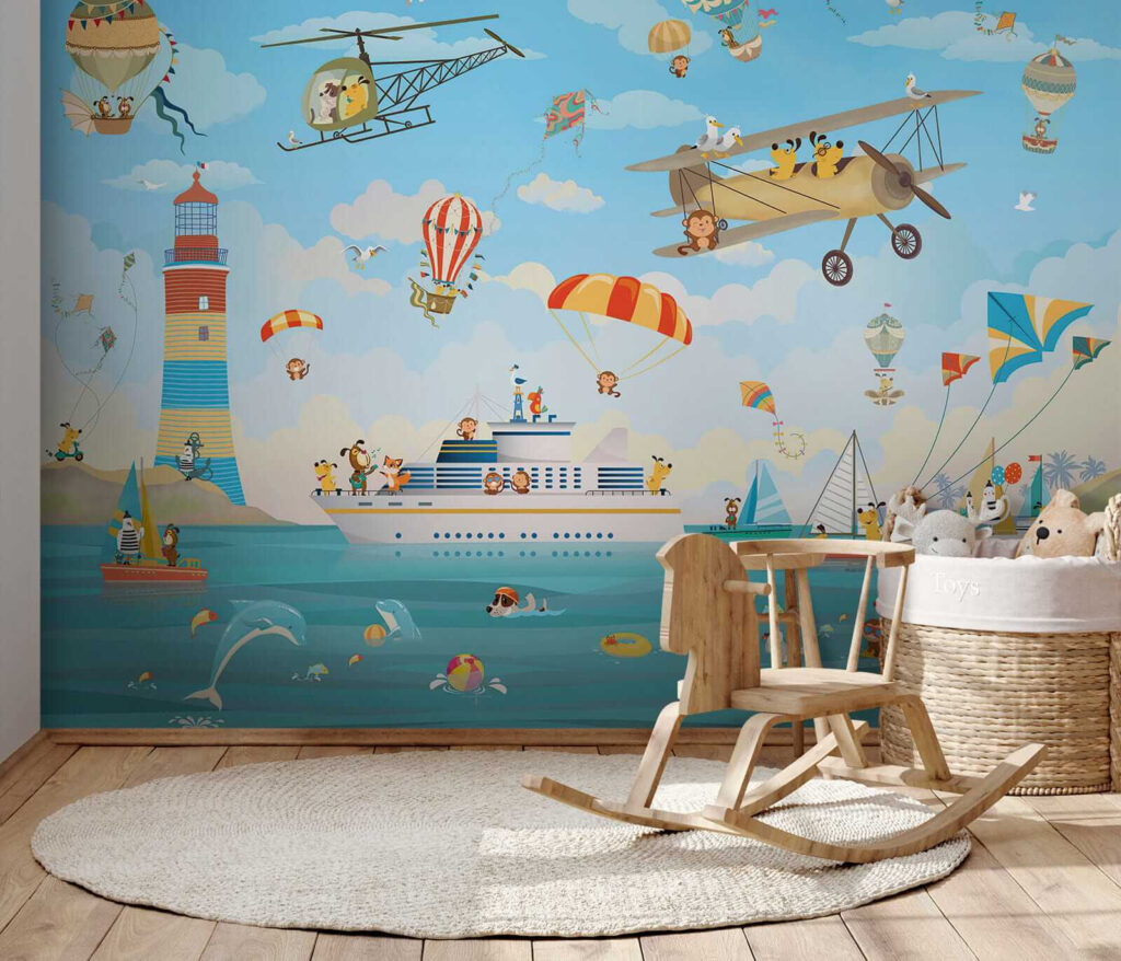 Cartoon animals flying over a boat