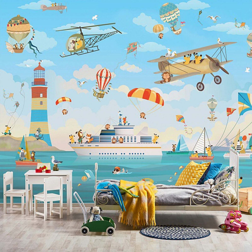 Cartoon animals flying over a boat