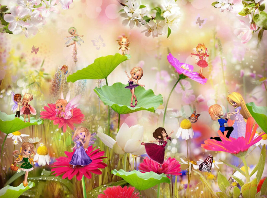 Grup de zâne de desene animate pe flori